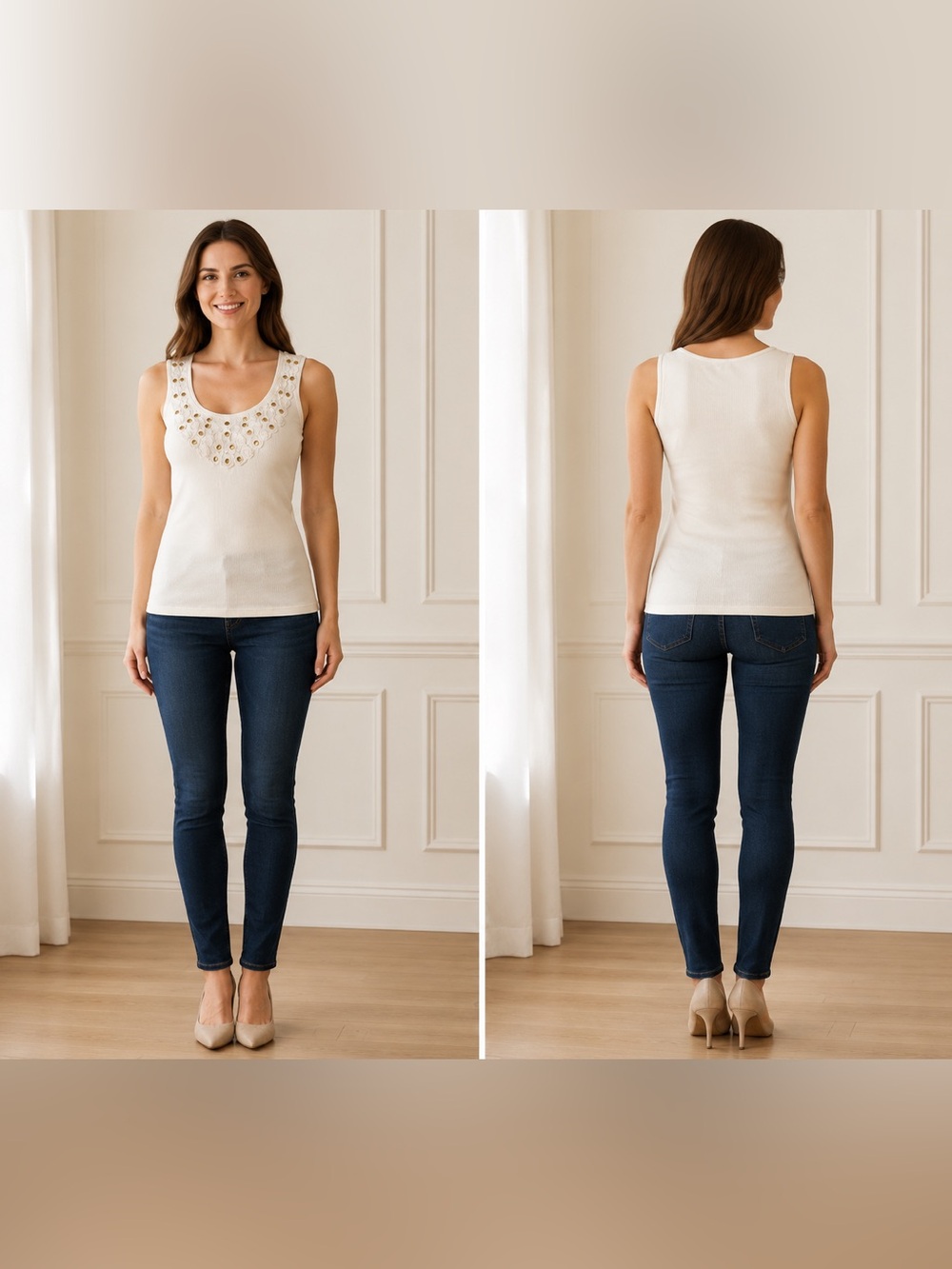 August Silk Slim Fit White Ribbed Embellished Tank Top Gold Stud Size M
